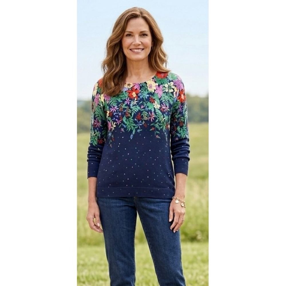 Talbots Petite Sweater Women Large Petite Navy Floral Knit Long Sleeve Preppy